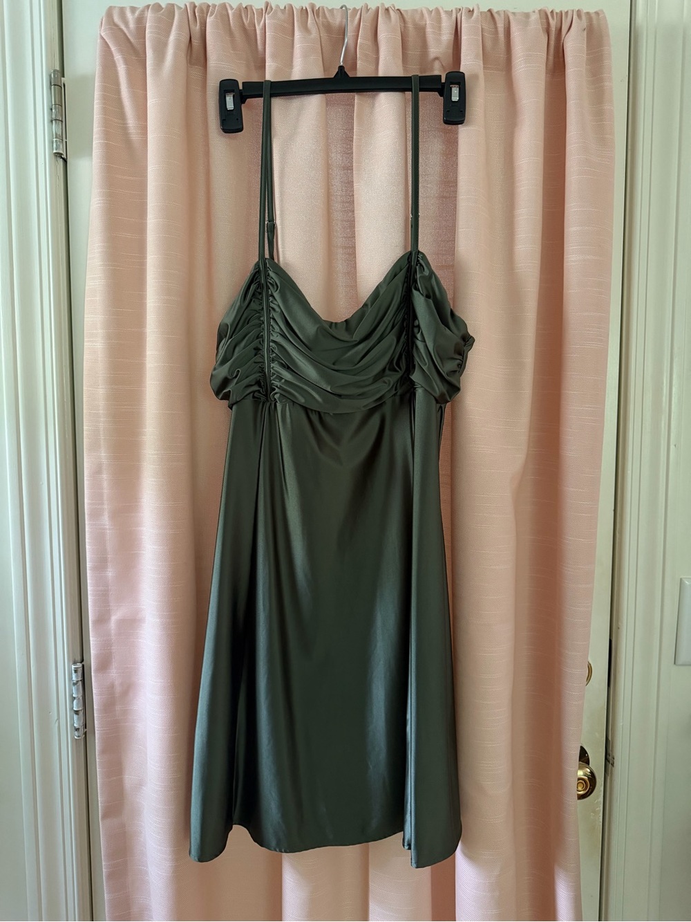 Amazon Olive Green Satin Spaghetti Strap Dress